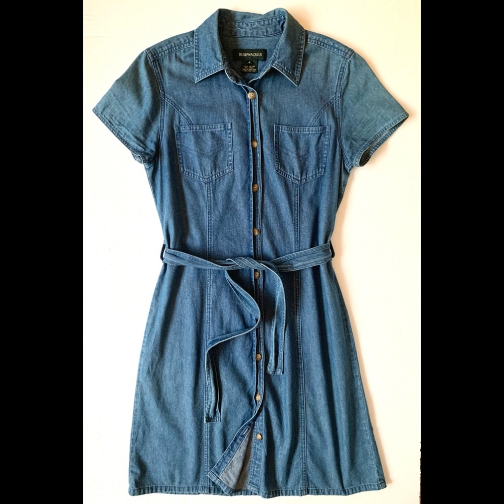 BUSHWACKER Denim Button Down Dress Self Belt Short Sleeves Lightweight - Picture 6 of 6